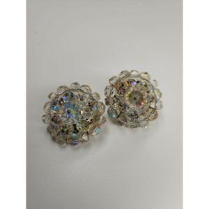Vintage Early Sixties Clear Beaded Aurora Crystal Cluster Clip On Earrings /...